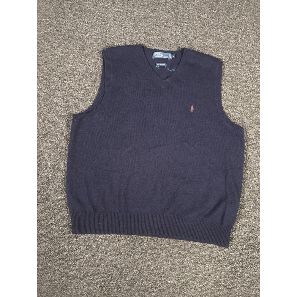 Vintage Polo Ralph Lauren Sweater Vest Men Large Navy Blue Lambswool Pony Preppy